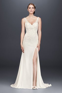 Lace Appliqued Stretch Crepe Sheath Wedding Dress Collection WG3874