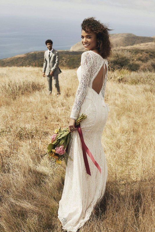 Allover Lace Long-Sleeve Sheath Wedding Dress WG3914