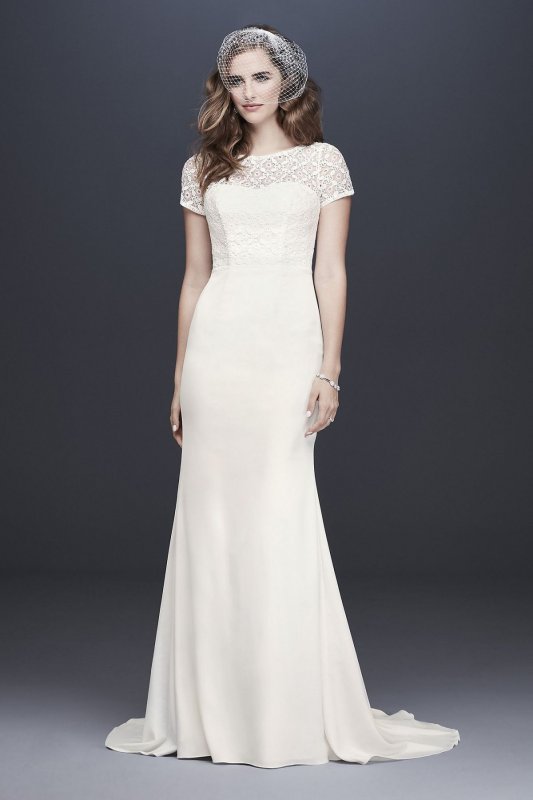 Geometric Lace and Crepe Cap Sleeve Wedding Dress WG3927
