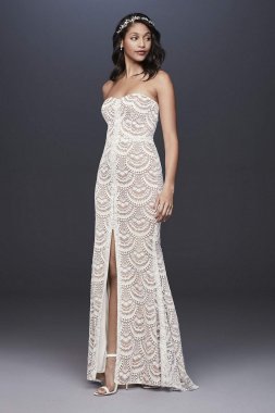 Scalloped Lace Split-Front Sheath Wedding Dress WG3948