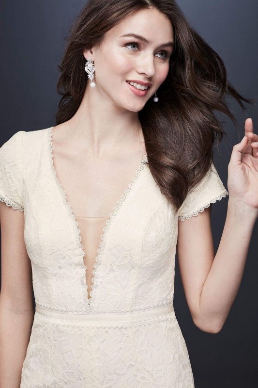 Illusion Deep V-Neck Cap Sleeve Lace Wedding Dress WG3951