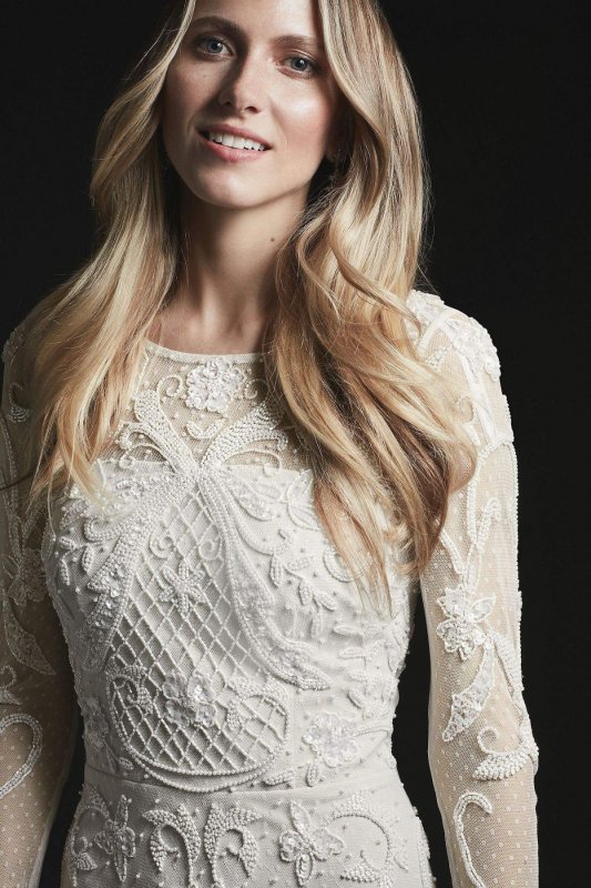 Allover Scroll Beaded Illusion Long Sleeve Gown WGIN718