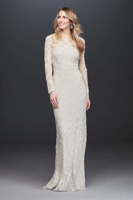 Allover Scroll Beaded Illusion Long Sleeve Gown WGIN718
