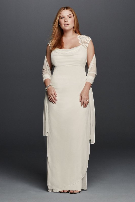 Lace Cap Sleeve Plus Size Long Matte Mesh Dress XS3450W