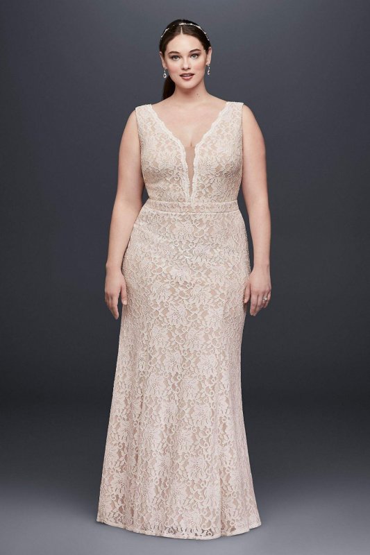 V-Neck Lace Sheath Plus Size Wedding Dress XS8491W