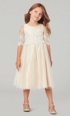 Tulle Short Half-Sleeve Flower-Girl Dress with Bow SWK-SK748