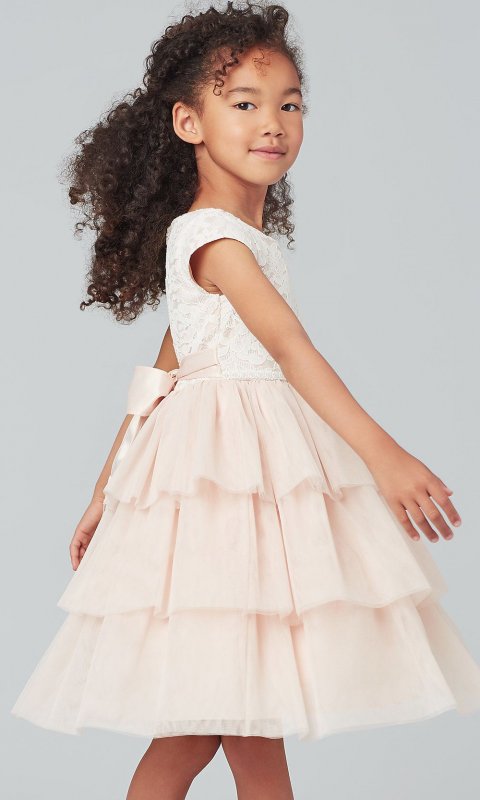 Short Cap-Sleeve Flower Girl Dress with Tiered Skirt SWK-SK800