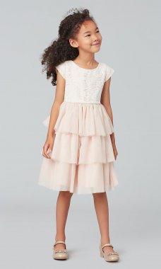 Short Cap-Sleeve Flower Girl Dress with Tiered Skirt SWK-SK800