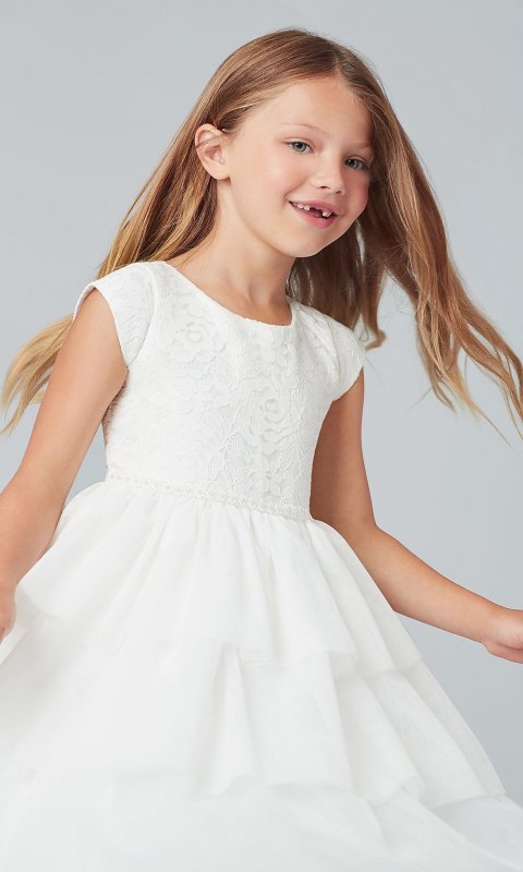 Off White Short Tiered Flower Girl Dress SWK-SK800w