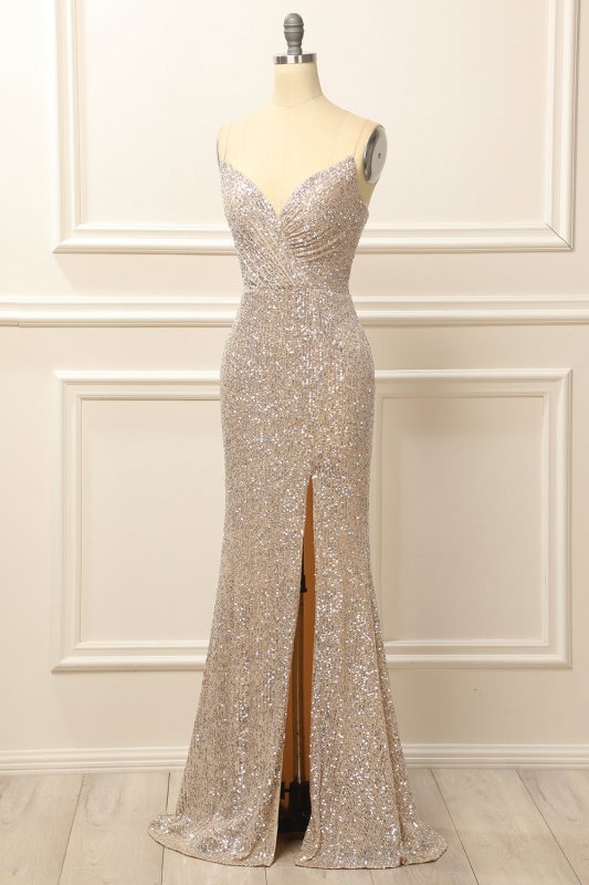 Silver Sequins Long Prom Dress with Slit E202283454
