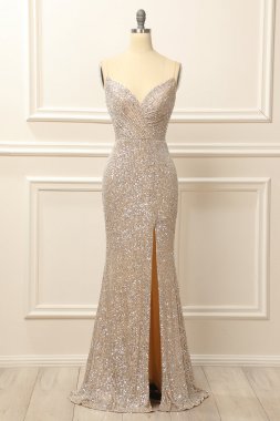 Silver Sequins Long Prom Dress with Slit E202283454