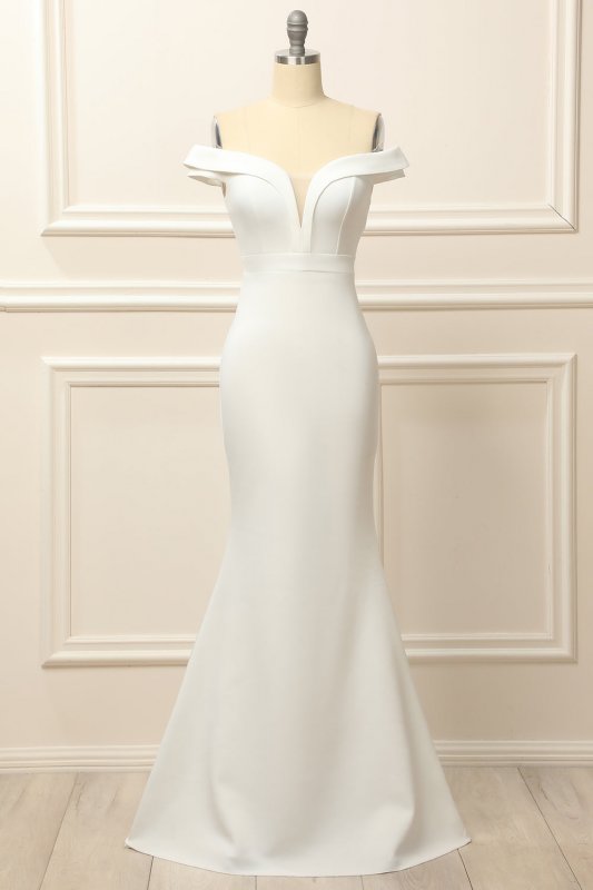 Mermaid Off the Shoulder White Wedding Dress E202283849