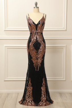 Black and Gold Sequins Long Prom Dress E202283462