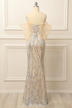 Mermaid Off the Shoulder Apricot Prom Dress with Sequins E202283848