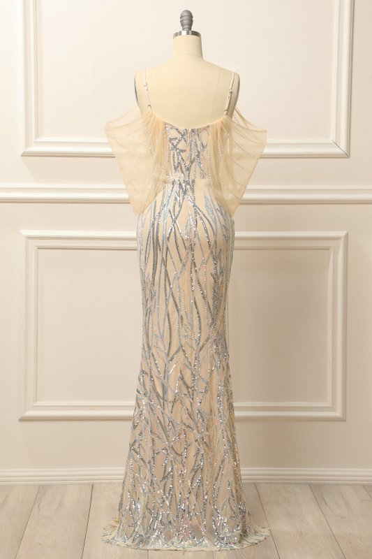 Mermaid Off the Shoulder Apricot Prom Dress with Sequins E202283848