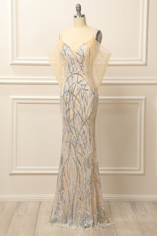 Mermaid Off the Shoulder Apricot Prom Dress with Sequins E202283848