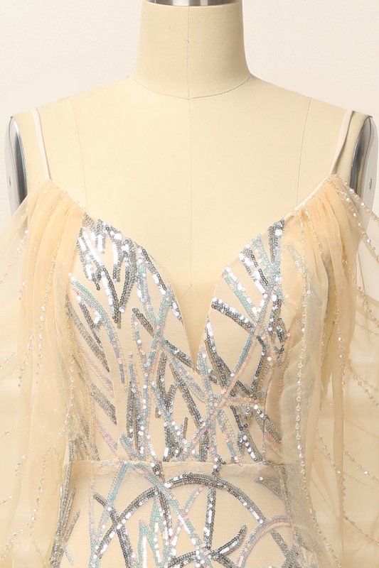 Mermaid Off the Shoulder Apricot Prom Dress with Sequins E202283848