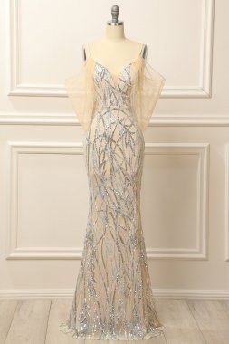Mermaid Off the Shoulder Apricot Prom Dress with Sequins E202283848