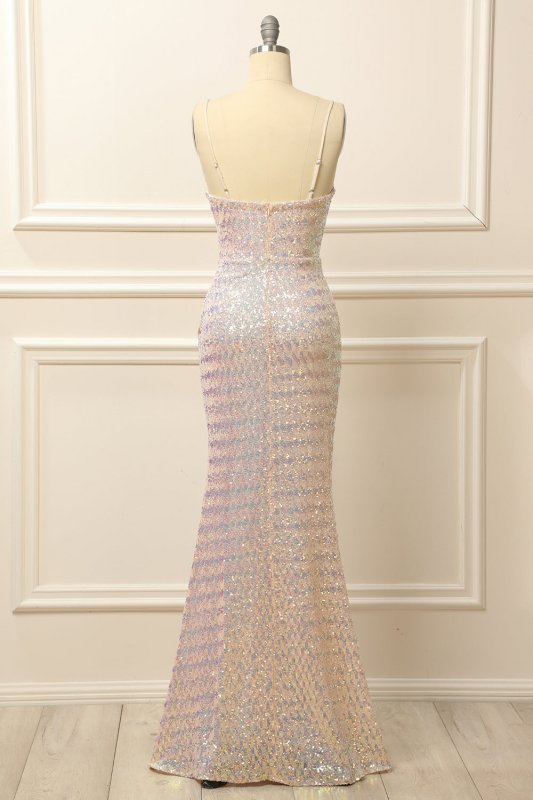 Apricot Sequins Ruched Long Prom Dress with Slit E202283782