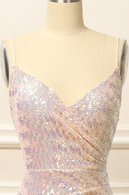 Apricot Sequins Ruched Long Prom Dress with Slit E202283782