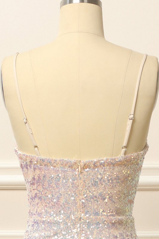 Apricot Sequins Ruched Long Prom Dress with Slit E202283782