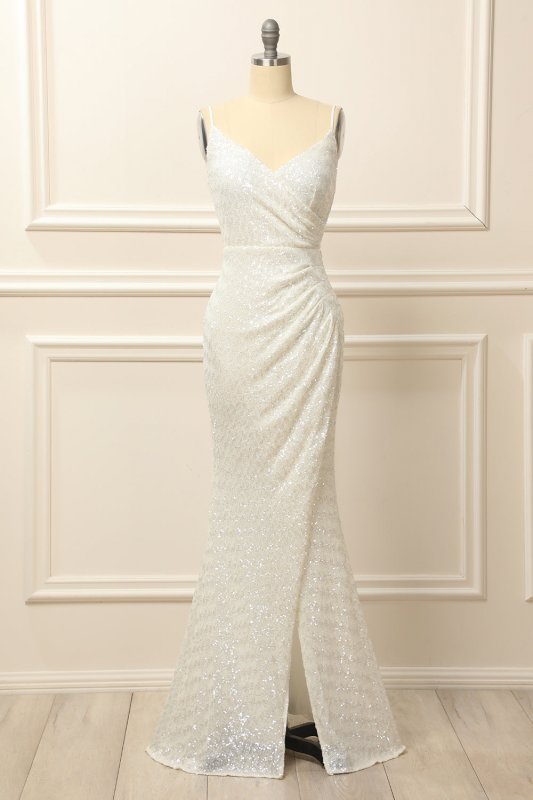 Apricot Sequins Ruched Long Prom Dress with Slit E202283782