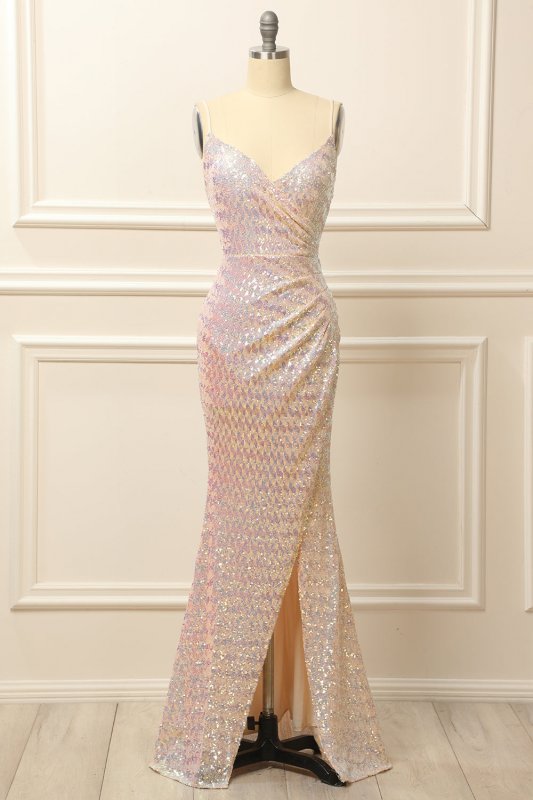 Apricot Sequins Ruched Long Prom Dress with Slit E202283782