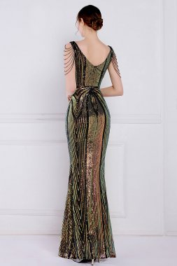 Black Sheath Sequins Prom Dress with Fringes E202283846