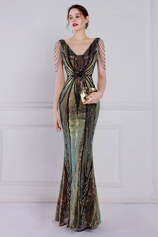 Black Sheath Sequins Prom Dress with Fringes E202283846