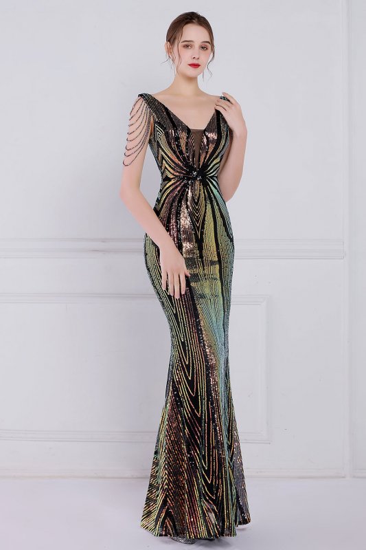 Black Sheath Sequins Prom Dress with Fringes E202283846
