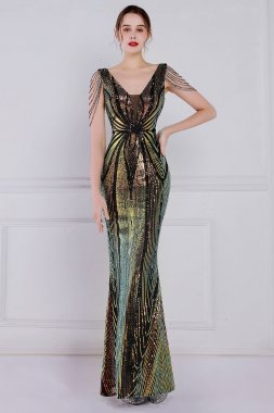 Black Sheath Sequins Prom Dress with Fringes E202283846