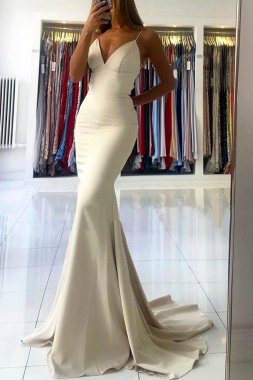 Ivory Spaghetti Straps Simple Mermaid Prom Dress E202283844