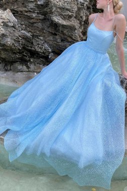 Sky Blue A-line Sparkly Prom Dress E202283843