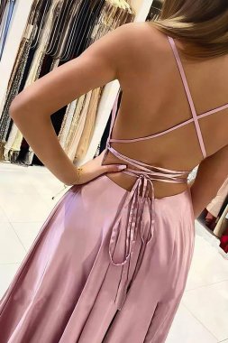 Blush Satin A-line Simple Prom Dress with Slit E202283840