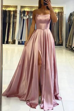 Blush Satin A-line Simple Prom Dress with Slit E202283840