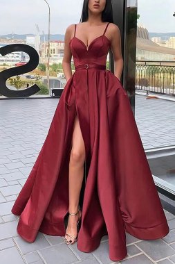 Burgundy A-line Simple Prom Dress with Slit E202283838