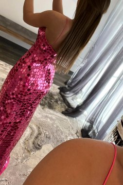 Glitter Fuchsia Sequins Backless Prom Dress with Slit E202283837