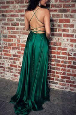 Green Satin A-line Backless Simple Prom Dress E202283836