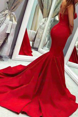 Red Satin Strapless Mermaid Prom Dress E202283835