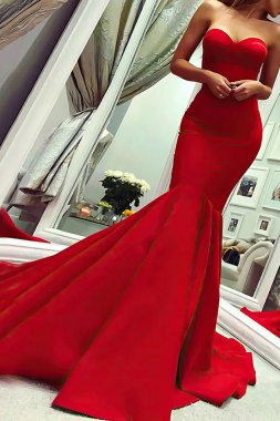 Red Satin Strapless Mermaid Prom Dress E202283835