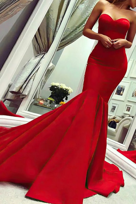 Red Satin Strapless Mermaid Prom Dress E202283835