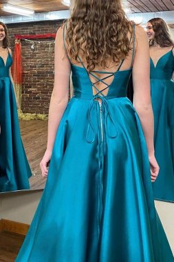 Blue A-line Simple Prom Dress with Slit E202283828