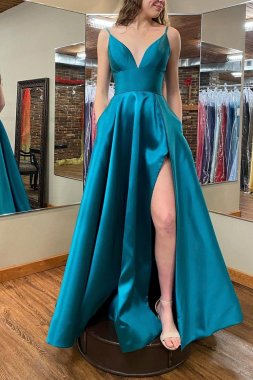 Blue A-line Simple Prom Dress with Slit E202283828