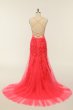 Coral Backless Long Prom Dress with Appliques E202283786