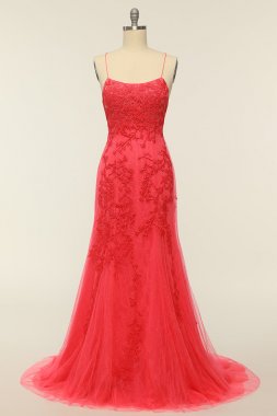 Coral Backless Long Prom Dress with Appliques E202283786