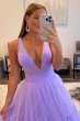 Purple Deep V-Neck Tiered Prom Dress E202283785
