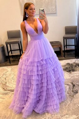 Purple Deep V-Neck Tiered Prom Dress E202283785