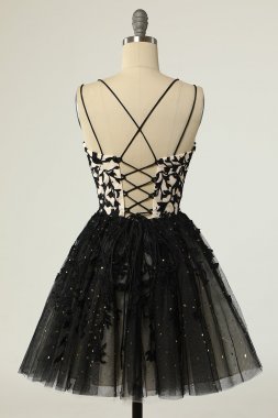 A Line Spaghetti Straps Black Short Homecoming Dress with Appliques E202283481