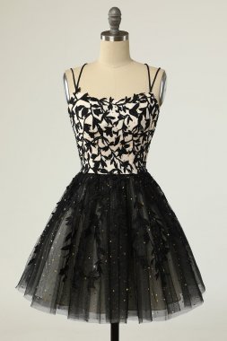 A Line Spaghetti Straps Black Short Homecoming Dress with Appliques E202283481