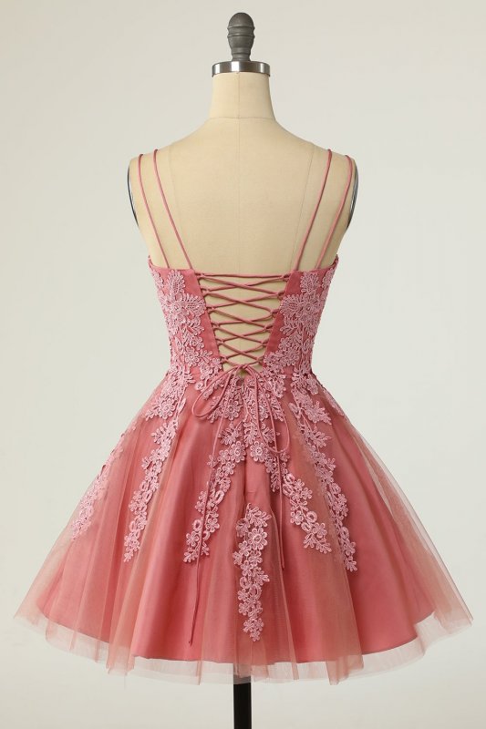 A Line Spaghetti Straps Blush Short Homecoming Dress with Appliques E202283479